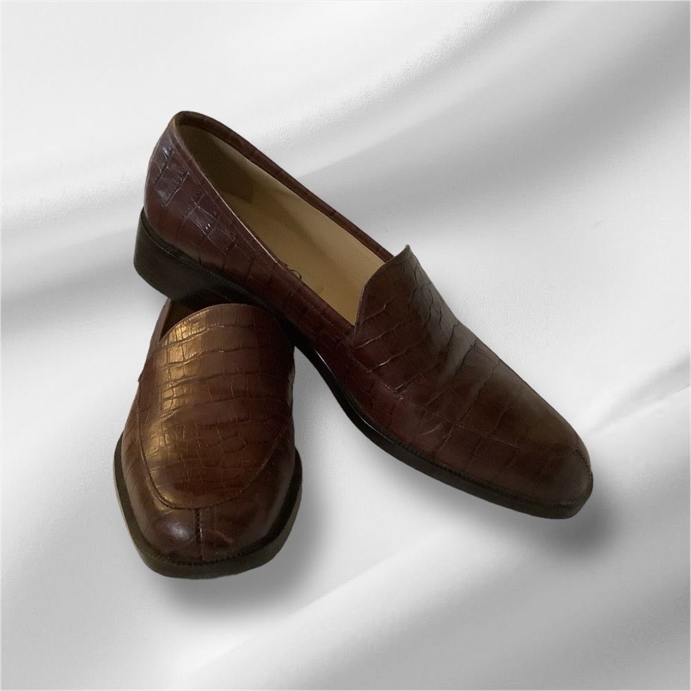 Enzo Angiolini Leather Embossed Alligator Print Brown Loafers Size 7.5 Narrow
